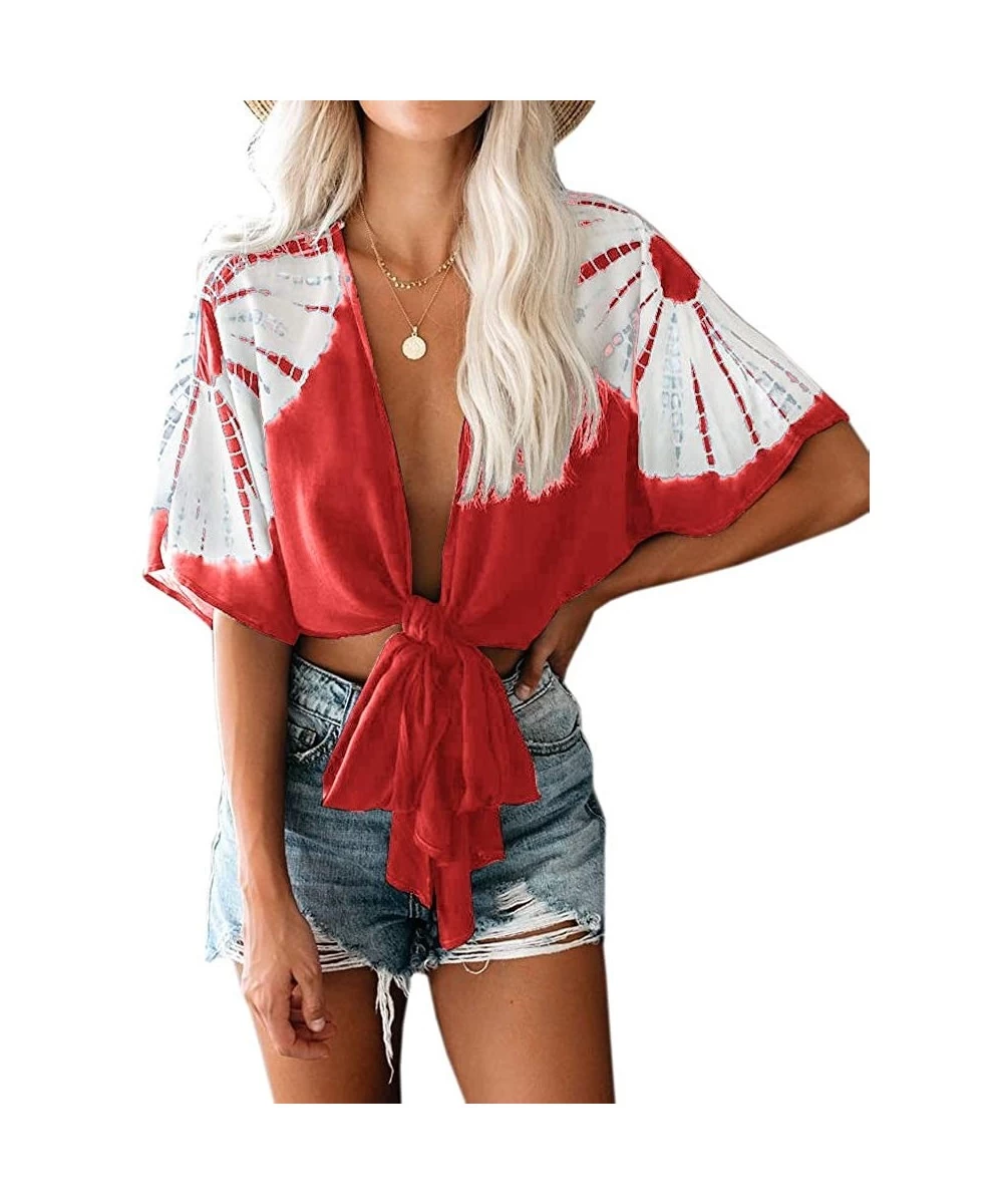 Cover-Ups Womens Cover Ups Short Sleeve Tie Front Floral Knit Shirts Crop Tops Kimonos Beachwear Bathing Suits - Red - C7194U...