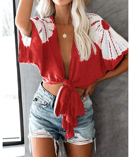 Cover-Ups Womens Cover Ups Short Sleeve Tie Front Floral Knit Shirts Crop Tops Kimonos Beachwear Bathing Suits - Red - C7194U...