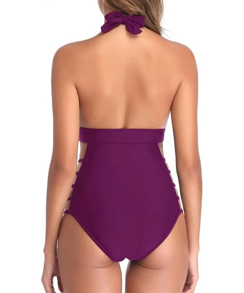 One-Pieces Women One Piece Plunge Swimsuit Bathing Suits High Leg Cutout Swimwear - Violet-1 - CD18AS40KHR