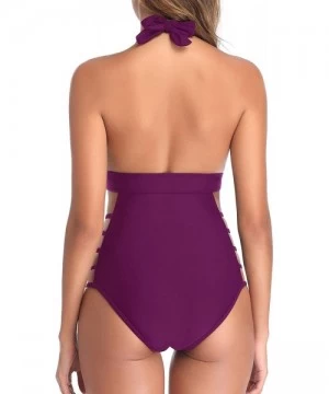 One-Pieces Women One Piece Plunge Swimsuit Bathing Suits High Leg Cutout Swimwear - Violet-1 - CD18AS40KHR