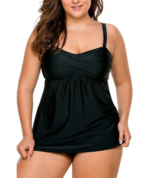 Tankinis Women's Straps Swimdress Plus Size Two Pieces Tankini Bikini Set - Black - C1182LL3QH2