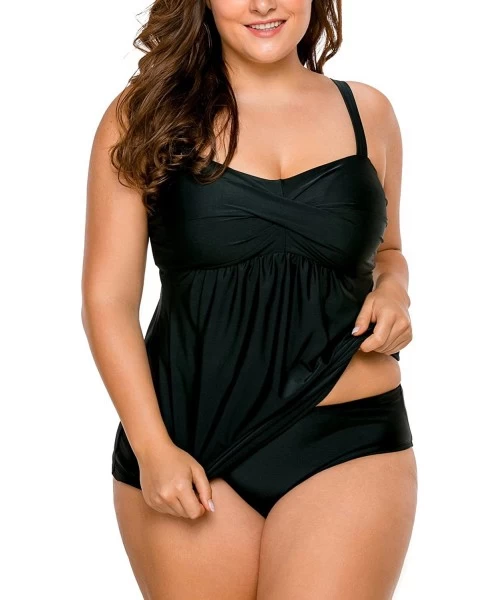 Tankinis Women's Straps Swimdress Plus Size Two Pieces Tankini Bikini Set - Black - C1182LL3QH2