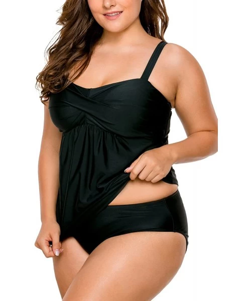 Tankinis Women's Straps Swimdress Plus Size Two Pieces Tankini Bikini Set - Black - C1182LL3QH2