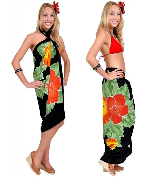 Cover-Ups Womens Premium Hand Painted Hibiscus Cover-Up Sarong in Black - CX116I4J3HP