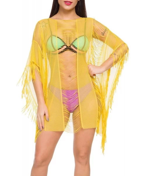 Cover-Ups Women Swimsuit Bikini Coverup Beach Dress Chiffon Swimwear Cover Up - Mesh Yellow - CD18XUCTKM3