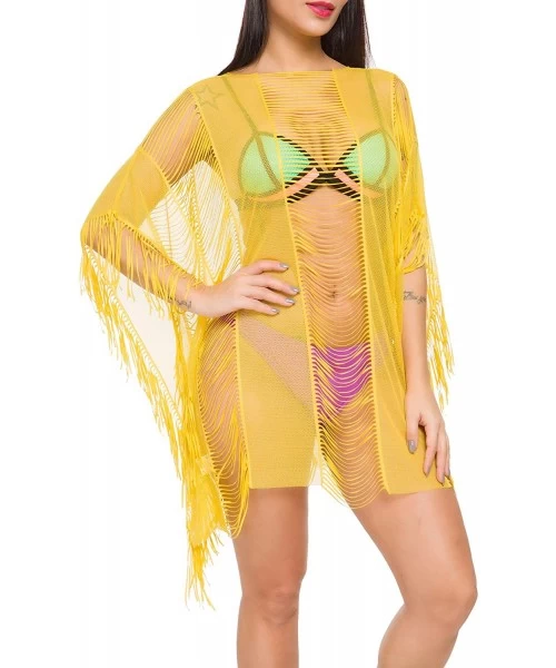 Cover-Ups Women Swimsuit Bikini Coverup Beach Dress Chiffon Swimwear Cover Up - Mesh Yellow - CD18XUCTKM3