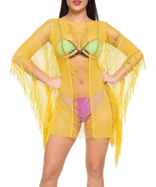 Cover-Ups Women Swimsuit Bikini Coverup Beach Dress Chiffon Swimwear Cover Up - Mesh Yellow - CD18XUCTKM3