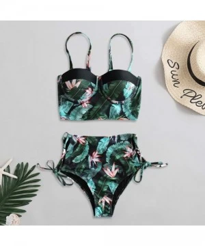 Sets Swimsuits for Women Sexy Leaf Print Push Up Thong Bikin Bottom Triangle Two Piece Bikini Set Bathing Suits Swimwear - 6-...