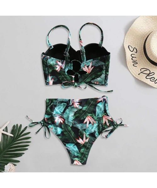 Sets Swimsuits for Women Sexy Leaf Print Push Up Thong Bikin Bottom Triangle Two Piece Bikini Set Bathing Suits Swimwear - 6-...