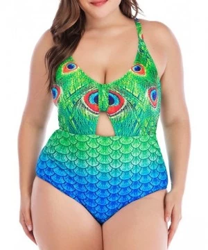 One-Pieces Women's Plus Size Watermelon Print Cutout Bow One Piece Swimsuit - Green - CP18QQNAYDY