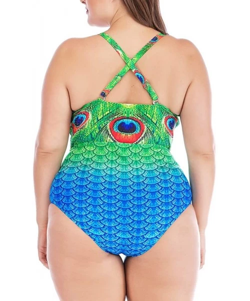 One-Pieces Women's Plus Size Watermelon Print Cutout Bow One Piece Swimsuit - Green - CP18QQNAYDY