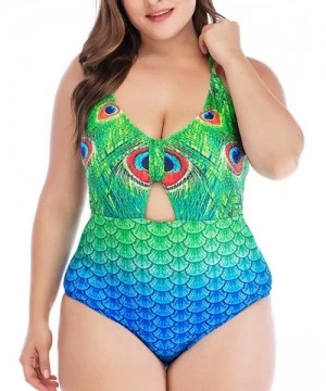 One-Pieces Women's Plus Size Watermelon Print Cutout Bow One Piece Swimsuit - Green - CP18QQNAYDY