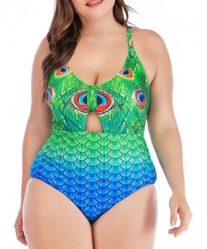 One-Pieces Women's Plus Size Watermelon Print Cutout Bow One Piece Swimsuit - Green - CP18QQNAYDY