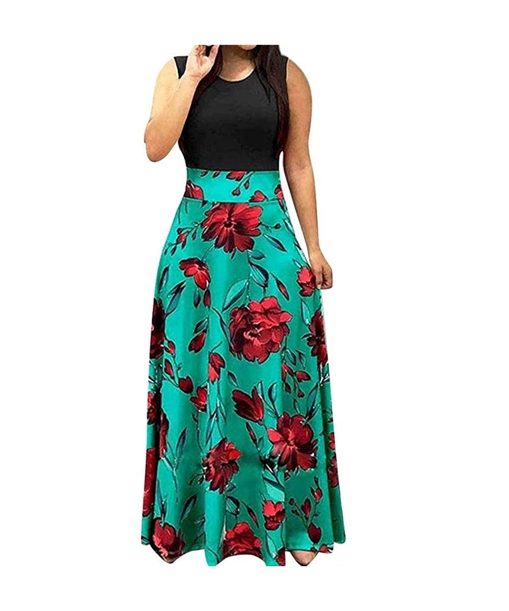 Cover-Ups Dress for Women Casual- Womens Sleeveless Strappy Sundress Floral Printed Dress Beach Long Maxi Dresses - Green - C...