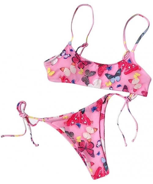 Sets Butterfly Print Bikini for Women- Strappy Two Pieces Swimwear High Waist Swimsuit Sexy - Pink - C6190ZMQRSH