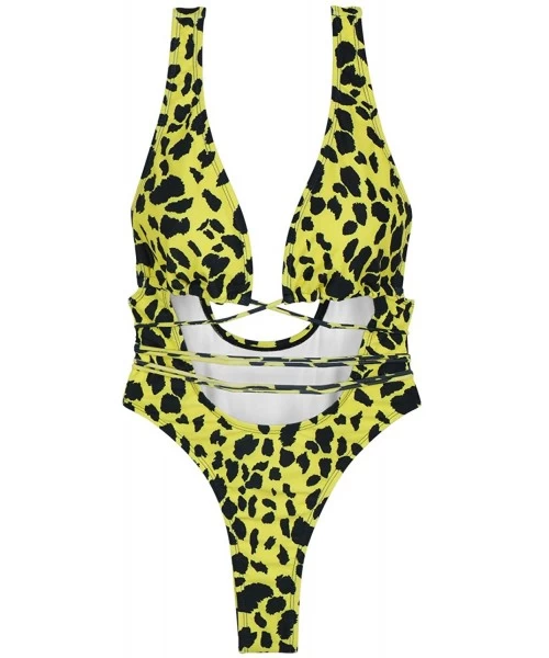 One-Pieces Women's Sexy One Piece Swimsuit Thong Bikini Bathing Suit - Yellow Leopard Print - CW18T03D89U