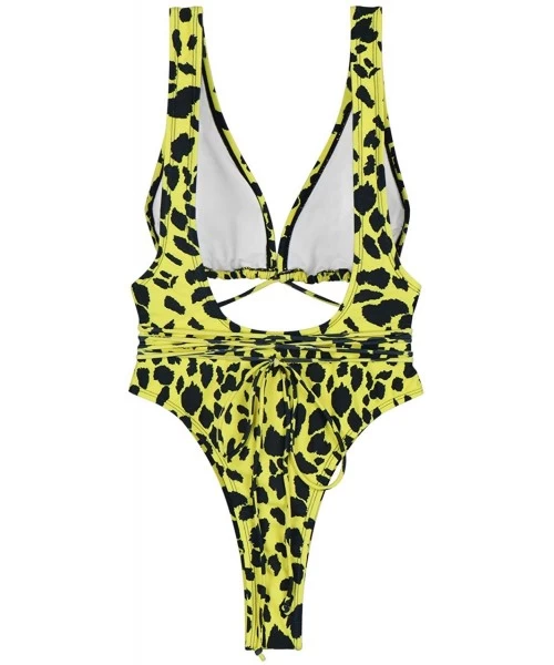 One-Pieces Women's Sexy One Piece Swimsuit Thong Bikini Bathing Suit - Yellow Leopard Print - CW18T03D89U