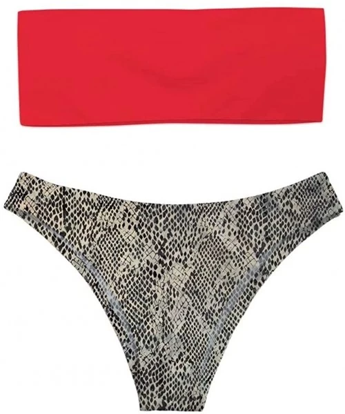 Sets Women's Strapless Bandeau Bikini Hawaii Snake Beachwear Sexy High Cut Swimsuits - Red Snake - C718R5X06LE