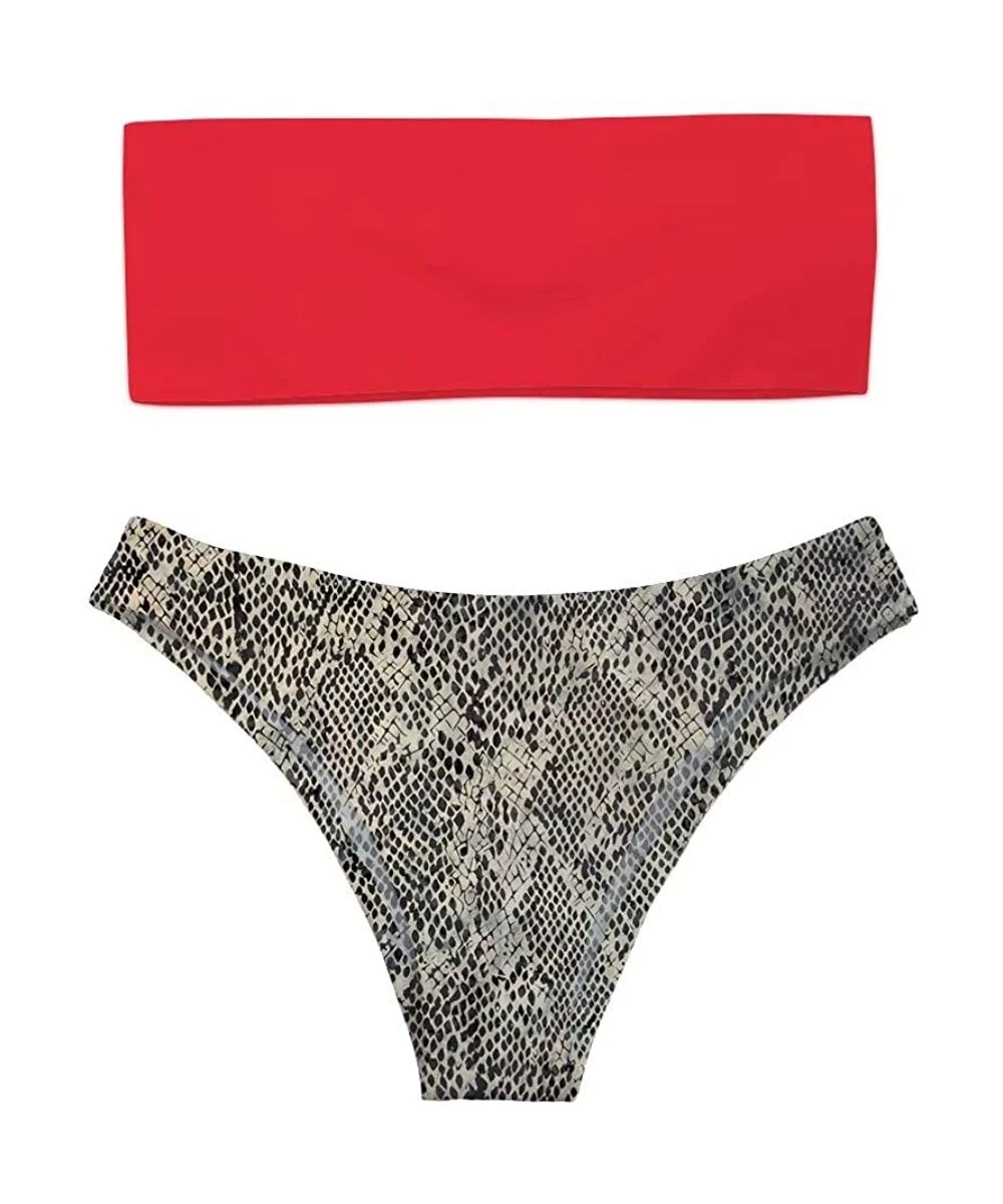 Sets Women's Strapless Bandeau Bikini Hawaii Snake Beachwear Sexy High Cut Swimsuits - Red Snake - C718R5X06LE