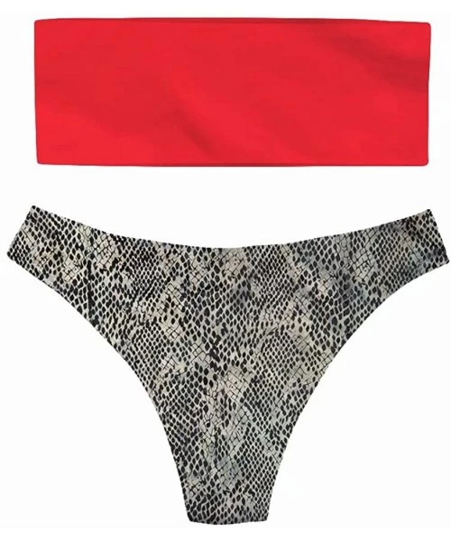 Sets Women's Strapless Bandeau Bikini Hawaii Snake Beachwear Sexy High Cut Swimsuits - Red Snake - C718R5X06LE