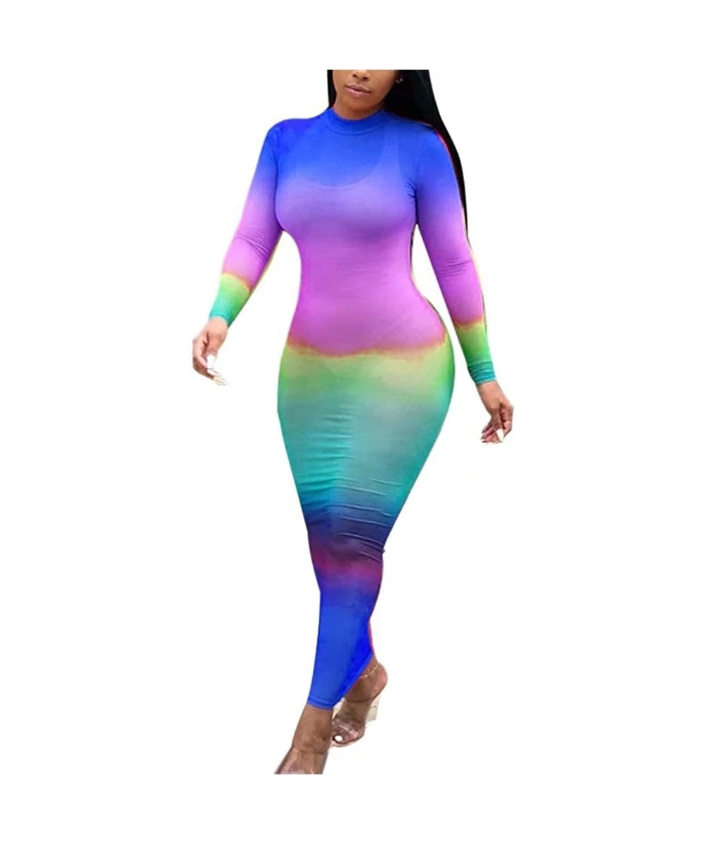 Cover-Ups Women Sexy Long Sleeve Gradient Mesh See Through Bodycon Cover Up Dress - R-blue - CD194X2M8SY