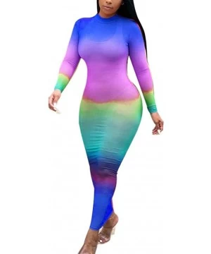 Cover-Ups Women Sexy Long Sleeve Gradient Mesh See Through Bodycon Cover Up Dress - R-blue - CD194X2M8SY