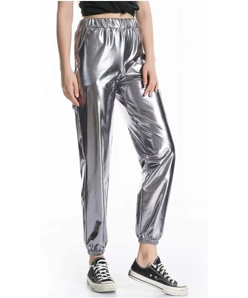 Sets Women's Metallic Shiny Jogger Pants Holographic Hip Hop Sweatpant Tap. - Grey - C718Z3NW87N