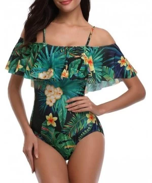 One-Pieces Women's Stylish Ruffle Off-The-Shoulder One-Piece Swimsuit Hollow Out Bikini - Green 1 - CJ188NCMUTH