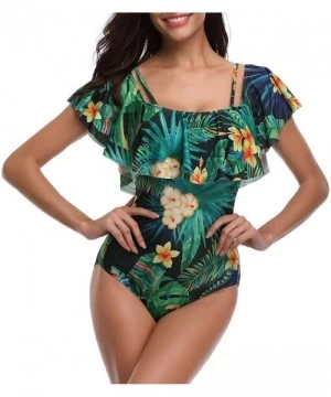 One-Pieces Women's Stylish Ruffle Off-The-Shoulder One-Piece Swimsuit Hollow Out Bikini - Green 1 - CJ188NCMUTH