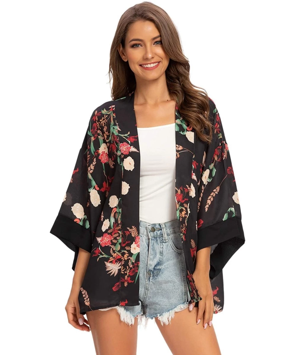 Cover-Ups Women's Sheer Chiffon Kimono Cardigan Solid Casual Capes Beach Cover up - 6799black - CL194OY0HXZ