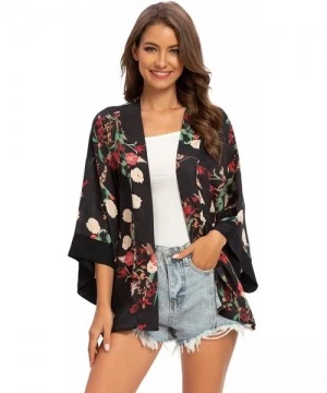 Cover-Ups Women's Sheer Chiffon Kimono Cardigan Solid Casual Capes Beach Cover up - 6799black - CL194OY0HXZ