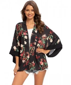 Cover-Ups Women's Sheer Chiffon Kimono Cardigan Solid Casual Capes Beach Cover up - 6799black - CL194OY0HXZ