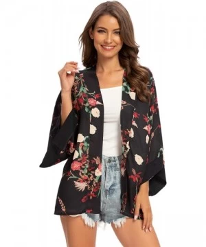 Cover-Ups Women's Sheer Chiffon Kimono Cardigan Solid Casual Capes Beach Cover up - 6799black - CL194OY0HXZ