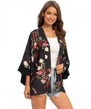 Cover-Ups Women's Sheer Chiffon Kimono Cardigan Solid Casual Capes Beach Cover up - 6799black - CL194OY0HXZ