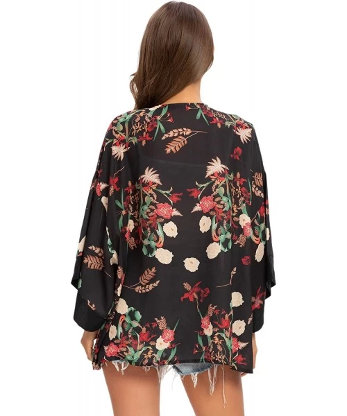 Cover-Ups Women's Sheer Chiffon Kimono Cardigan Solid Casual Capes Beach Cover up - 6799black - CL194OY0HXZ