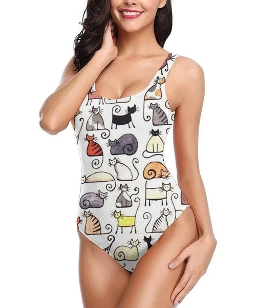 Sets Women's Sexy Backless One Piece Swimsuit Cartoon Dinosaur Swimwear for Women - Cartoon Cute Short Pussy Cat - CT18YEKGL0K