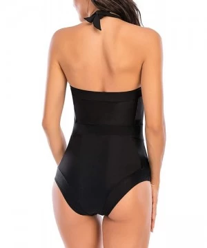 One-Pieces Women's Slimming Halter One Piece Swimsuits Color Block Tummy Control Swimwear Plus Size Bathing Suits - Black - C...