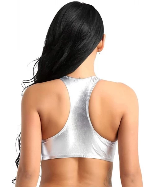 Tankinis Women's Shiny Metallic Leather Crop Tops Racerback Bustier Rave Dancewear - Silver - CR18H454RDM