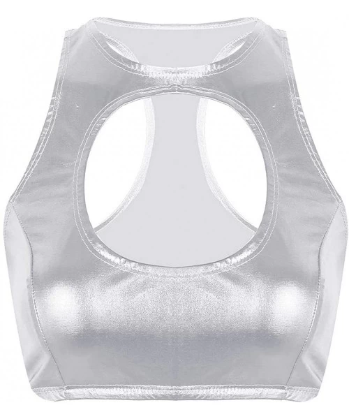 Tankinis Women's Shiny Metallic Leather Crop Tops Racerback Bustier Rave Dancewear - Silver - CR18H454RDM