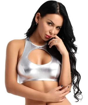 Tankinis Women's Shiny Metallic Leather Crop Tops Racerback Bustier Rave Dancewear - Silver - CR18H454RDM