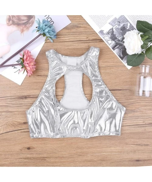 Tankinis Women's Shiny Metallic Leather Crop Tops Racerback Bustier Rave Dancewear - Silver - CR18H454RDM