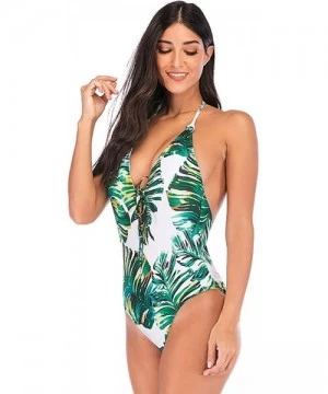 One-Pieces Womens Sexy Monokini Vintage Lace Bathing Suit Halter One Piece Swimsuits Deep V Neck Cutout Swimwear - Green - CX...