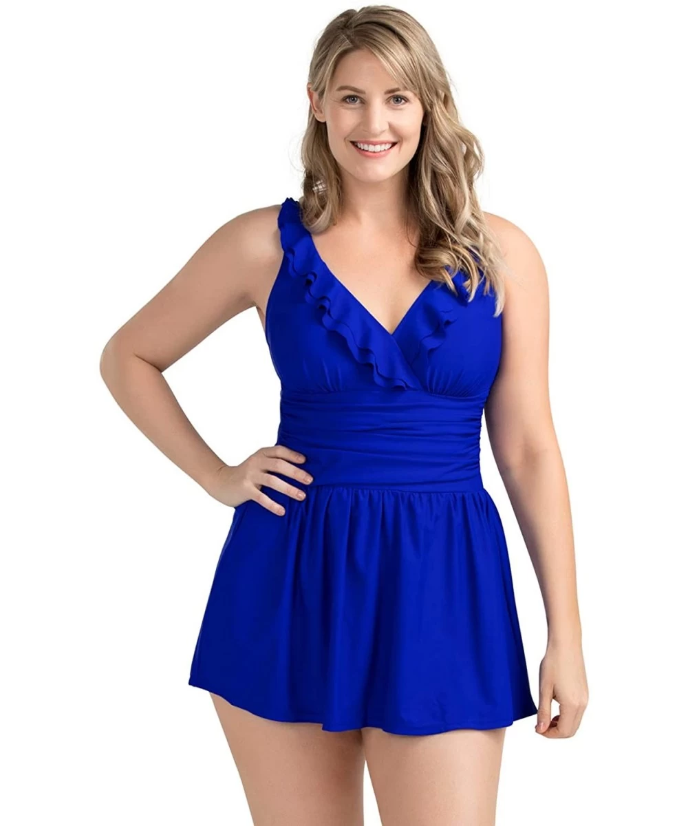 One-Pieces Women Plus Size Swimwear One Piece Swimdress Tummy Control Swimsuit Printed Skirt Bathing Suits - Royal Blue - CF1...