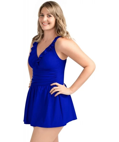 One-Pieces Women Plus Size Swimwear One Piece Swimdress Tummy Control Swimsuit Printed Skirt Bathing Suits - Royal Blue - CF1...