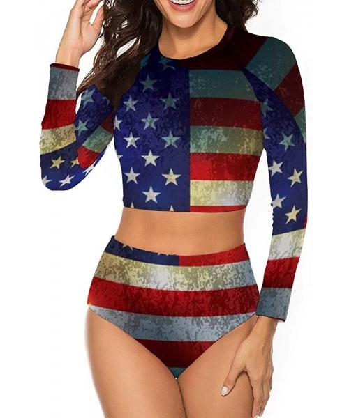 Rash Guards Distressed American Flag Background Vector Bath Suits High Elastic Swimwear Sun Protect Swimsuit Summer Tankini -...