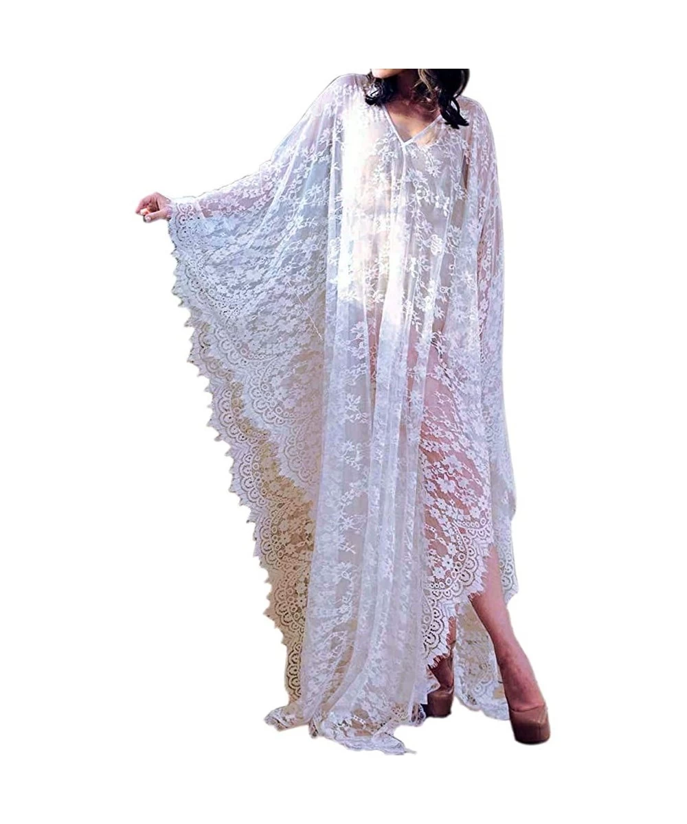 Cover-Ups Women Bathing Suits Long Cover Up Kaftan Tunic Loose Kimono Beach Dress Summer Swimsuits - Lace/White - CP18SLZ2IEN