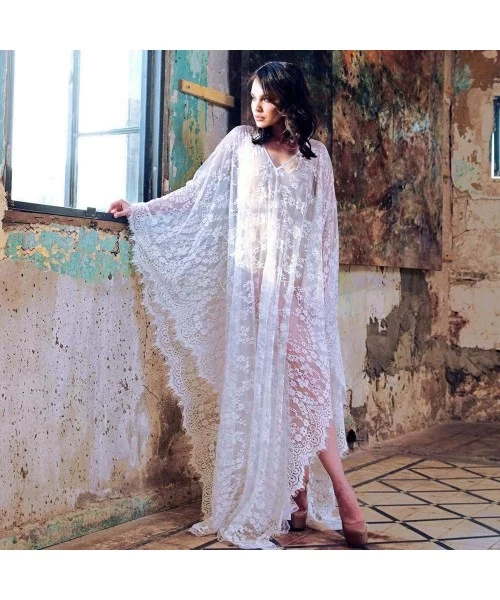 Cover-Ups Women Bathing Suits Long Cover Up Kaftan Tunic Loose Kimono Beach Dress Summer Swimsuits - Lace/White - CP18SLZ2IEN