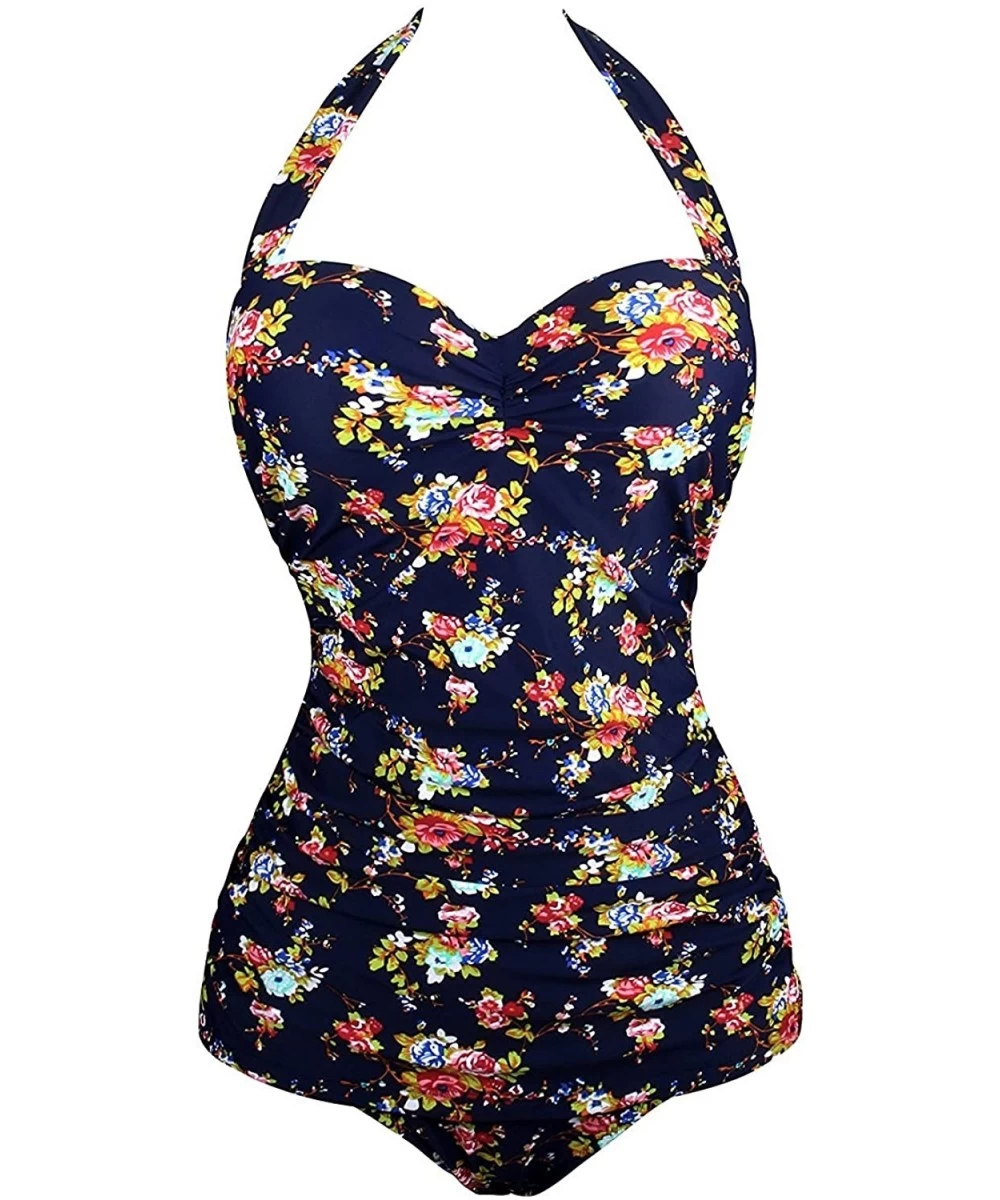 One-Pieces Vintage Halter Swimsuit Monokini One Piece Swimwear Bathing Suits - 1-navy - C0196T3X5XR