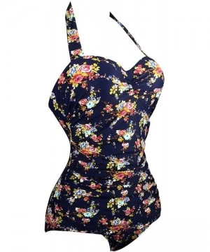 One-Pieces Vintage Halter Swimsuit Monokini One Piece Swimwear Bathing Suits - 1-navy - C0196T3X5XR