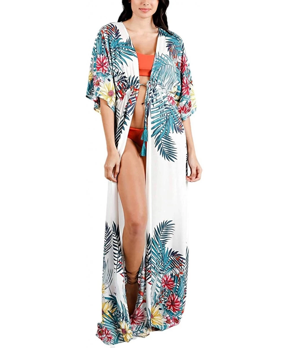 Cover-Ups Women Sexy Print Open Front Kimono Cardigan Loose Beach Cover Up Dress - Leaf Print - CT19994AD2R